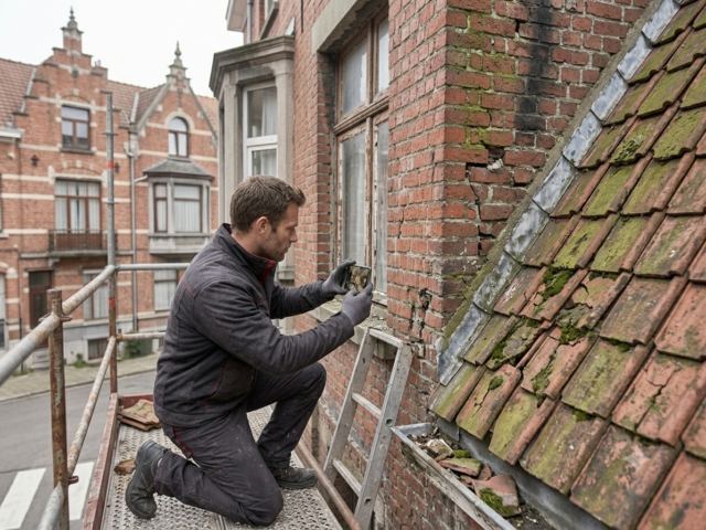 Couvreur ConstruisToit photographiant l'état d'une toiture et d'une façade avant travaux à Bruxelles