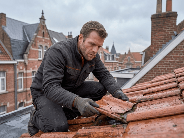Couvreur inspectant une fuite de toiture après la pluie à Bruxelles