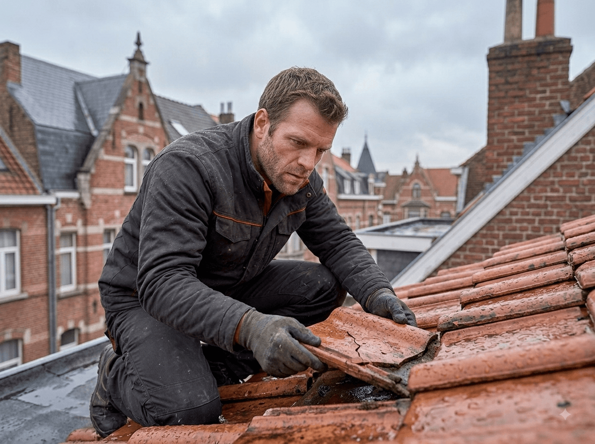 Couvreur inspectant une fuite de toiture après la pluie à Bruxelles