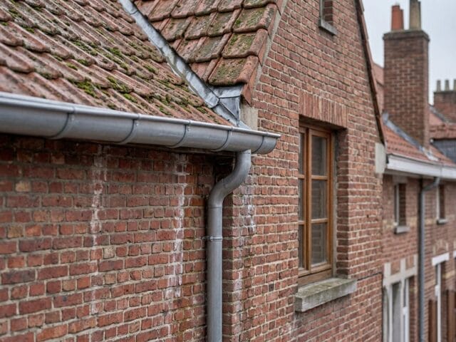 Jonction entre toiture et façade, gouttière et trace d'humidité sur un mur