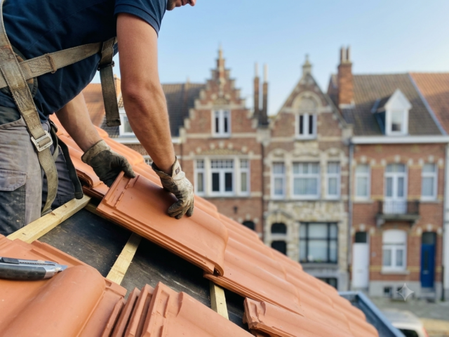 Couvreur posant des tuiles neuves sur une toiture à Bruxelles