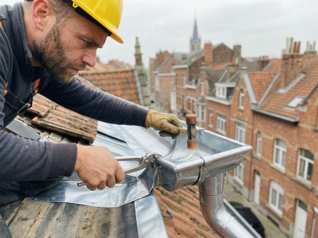 Zingueur posant une gouttière en zinc sur une toiture à Bruxelles